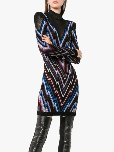 Shop Balmain Chevron Pattern Mesh Panel Knit Mini Dress In Black