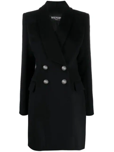 Shop Balmain Double Breasted Tailored Coat In Black