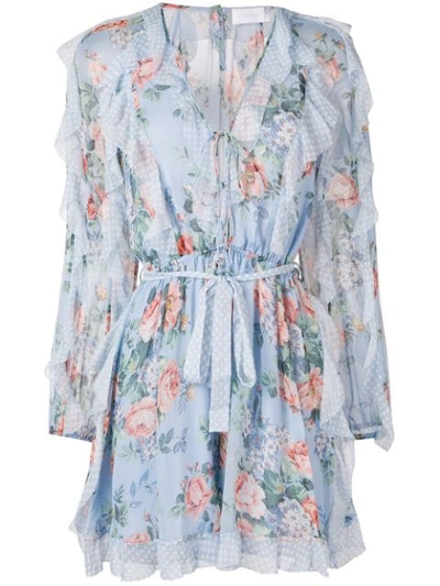 Shop Zimmermann Floral Print Ruffled Playsuit In Blue