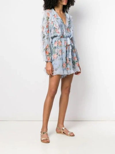 Shop Zimmermann Floral Print Ruffled Playsuit In Blue