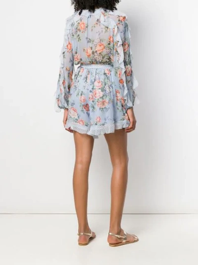 Shop Zimmermann Floral Print Ruffled Playsuit In Blue