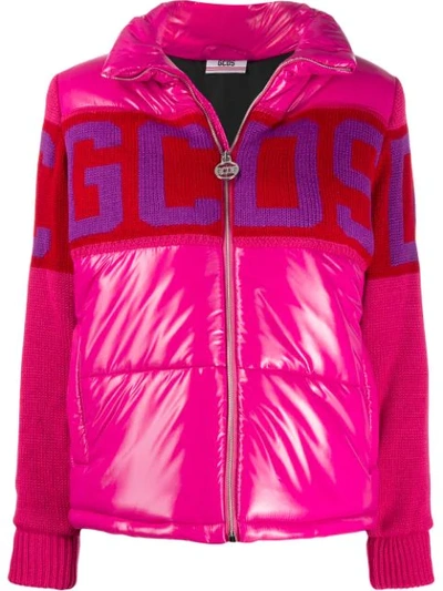 Shop Gcds Knitted Panel Puffer Jacket In Pink