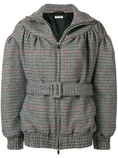 Shop Miu Miu Belted Check Bomber Jacket In Grey