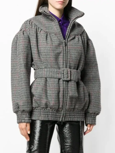 Shop Miu Miu Belted Check Bomber Jacket In Grey