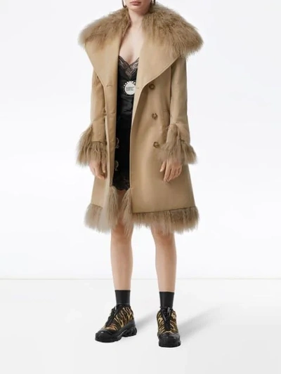 Shop Burberry Shearling Belted Trench Coat In Neutrals