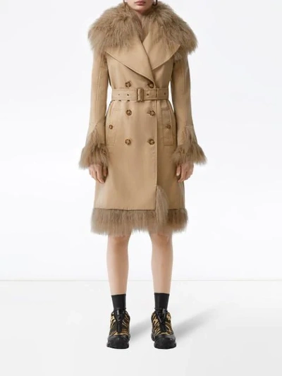 Shop Burberry Shearling Belted Trench Coat In Neutrals