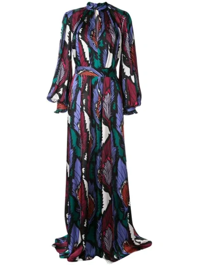 Shop Carolina Herrera Feather Print Long Dress In Multicolour