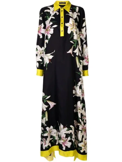 Shop Dolce & Gabbana Lily-print Asymmetric Dress In Black