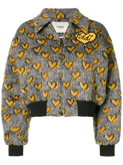 Shop Fendi Jacquard Hearts Bomber Jacket - Grey