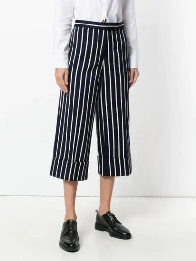 Shop Thom Browne Cropped Stripe Silk Trousers - Blue
