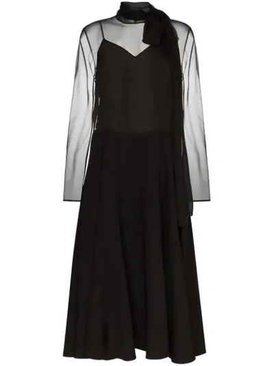 Shop Valentino Tie-neck Silk Midi Dress In 0n0 Black