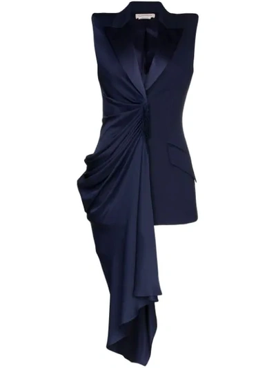 Shop Alexander Mcqueen Asymmetric Draped Sleeveless Blazer In Blue