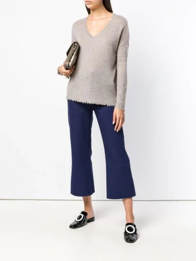 Shop Max & Moi Cashmere Frayed V-neck Sweater - Neutrals