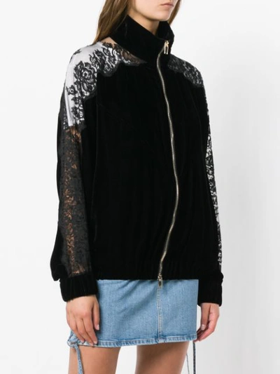 Shop Stella Mccartney Lace Panel Velvet Bomber Jacket - Black