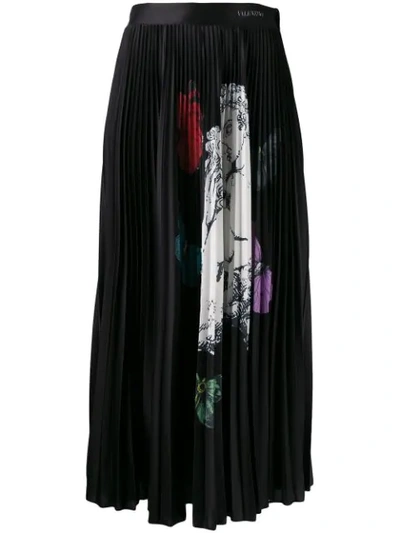 Shop Valentino Kissing Butterfly Print Pleated Skirt In Black