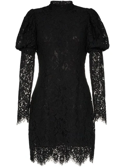 Shop Ganni Everdale Puff Sleeve Lace Cotton Blend Mini Dress In Black