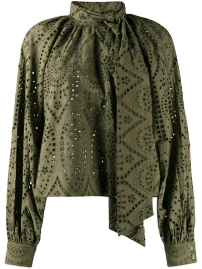 Shop Ganni Broderie Loose Fit Blouse In Green