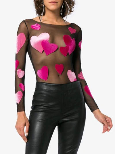 Shop Alexia Hentsch Hearts Applique Round Neck Bodysuit - Black