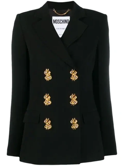 Shop Moschino Dollar Sign Double-breasted Blazer In Black