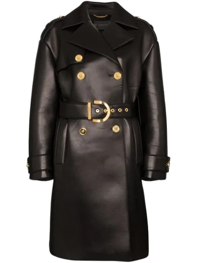 Shop Versace Lambskin Leather Trench Coat In Black