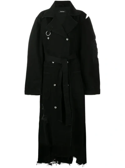 Shop Diesel Distressed Long Trench Coat - Black