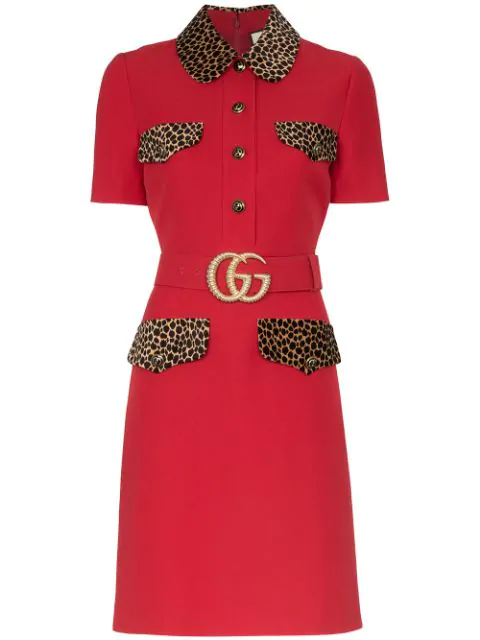 Gucci Leopard-trim Wool And Silk-blend Dress In Red | ModeSens