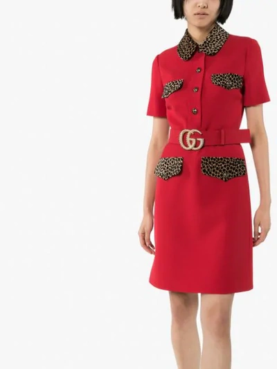 Shop Gucci Leopard-print Trim Belted Dress In Red