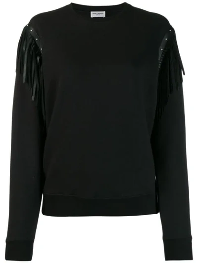 Shop Saint Laurent Leather Fringed-shoulders Sweatshirt In Black