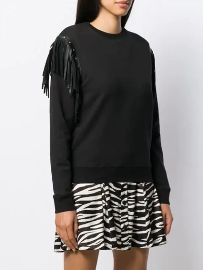 Shop Saint Laurent Leather Fringed-shoulders Sweatshirt In Black