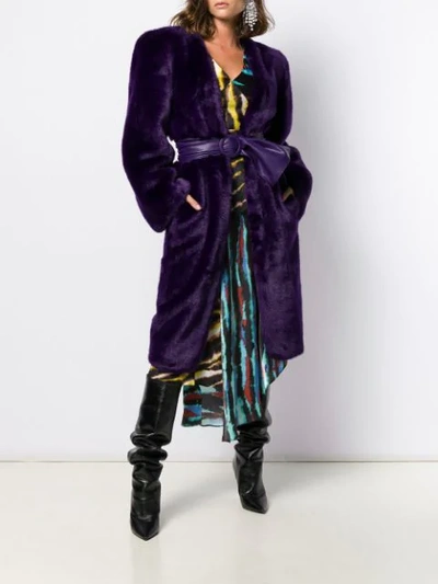 Shop Attico Belted Faux-fur Coat In Purple
