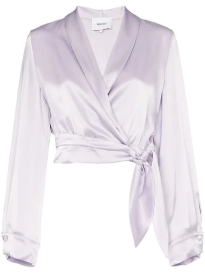 Shop Nanushka Salome Tie Waist Cropped Wrap Shirt In Purple