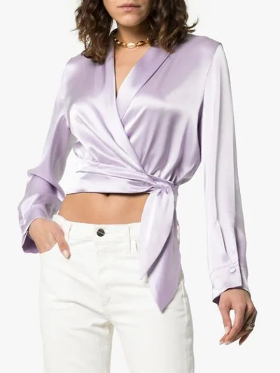 Shop Nanushka Salome Tie Waist Cropped Wrap Shirt In Purple