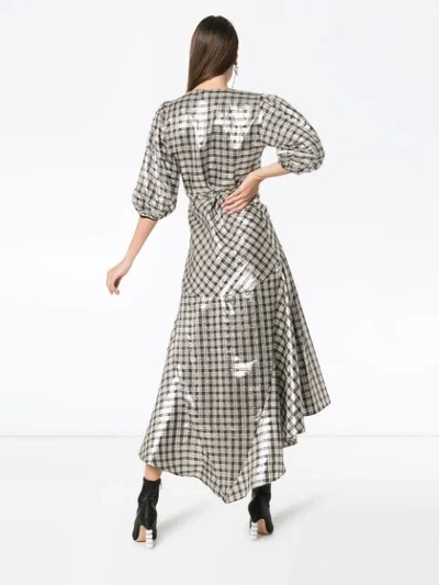 Ganni Checked Silk-blend Lamé Wrap Dress In Silver | ModeSens