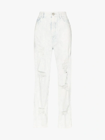 Shop Balmain High-waisted Distressed Jeans In Neutrals