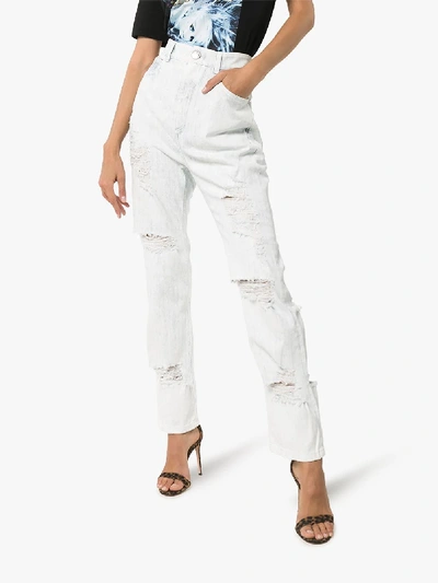 Shop Balmain High-waisted Distressed Jeans In Neutrals