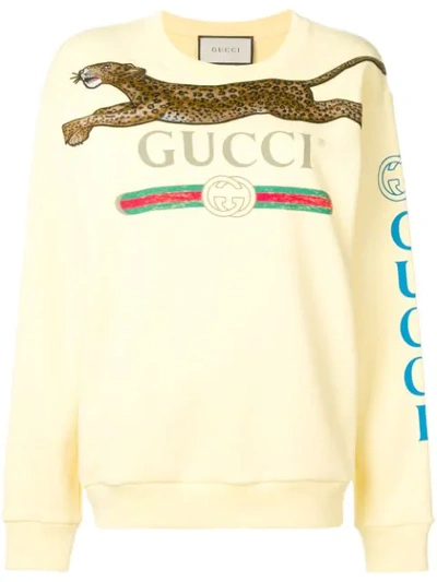 Gucci Leopard Detail Logo Sweatshirt In Yellow | ModeSens