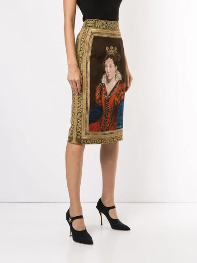 Shop Dolce & Gabbana Portrait Print Pencil Skirt In Brown