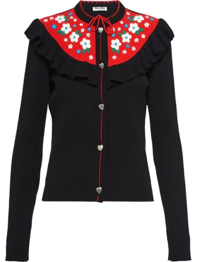 Shop Miu Miu Ruffle Detail Cardigan In Black