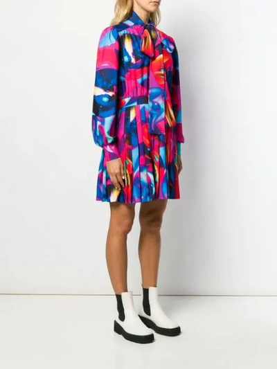 Shop Msgm Printed Pussy Bow Mini Dress In Blue