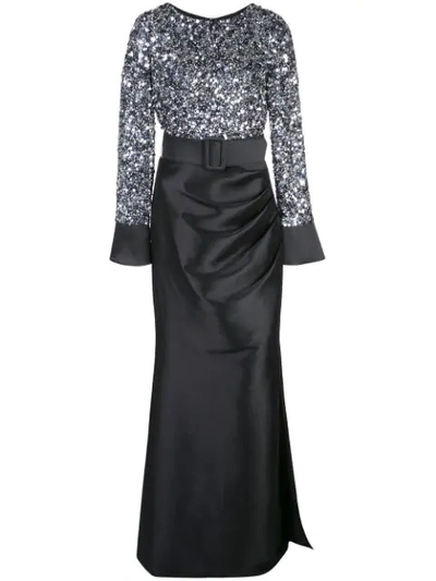 Shop Badgley Mischka Embellished Belted Dress In Black