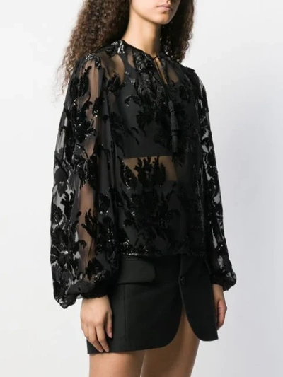 SAINT LAURENT SHINY FLORAL EMBROIDERED BLOUSE - 黑色