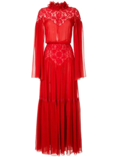 Shop Costarellos Pleated Lace Gown In Red