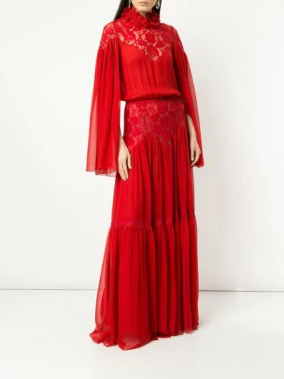 Shop Costarellos Pleated Lace Gown In Red