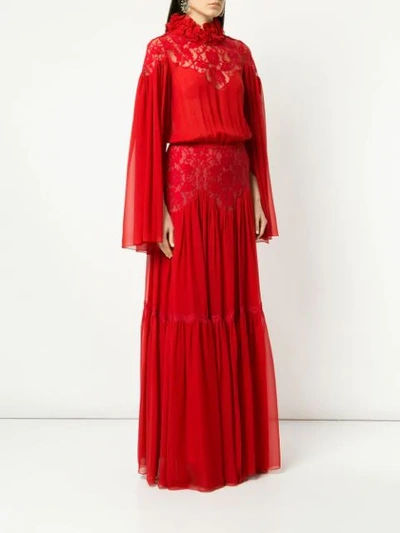 Shop Costarellos Pleated Lace Gown In Red