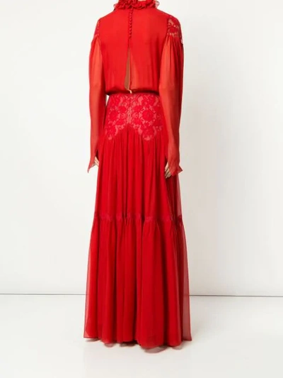 Shop Costarellos Pleated Lace Gown In Red