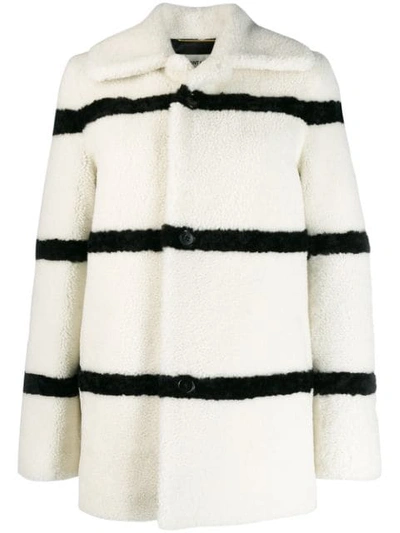 SAINT LAURENT STRIPED SHEARLING COAT - 白色