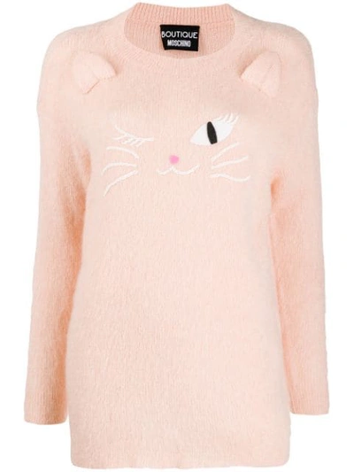 Shop Boutique Moschino Cat Embroidered Sweater In 0131 Rosa