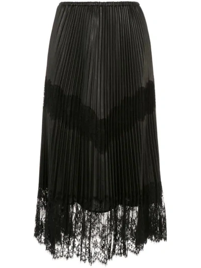 Shop Valentino Pleated Lace Trim Midi Skirt In Black