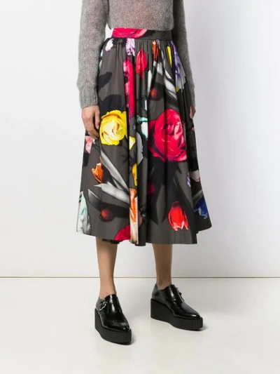 Shop Prada Rose-print Midi Skirt In Black
