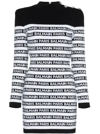 Shop Balmain Fitted Logo Stripe Dress In Black